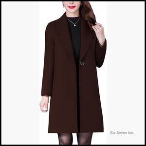 Wool Blend Pea Coat with Notched Lapel, Long Sleeve, Mid-Length